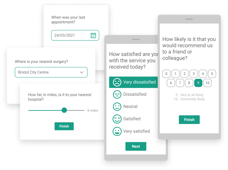 A graphic showing different survey question types on different devices.