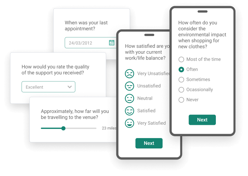 A selection of SmartSurvey question types displayed on smartphones.