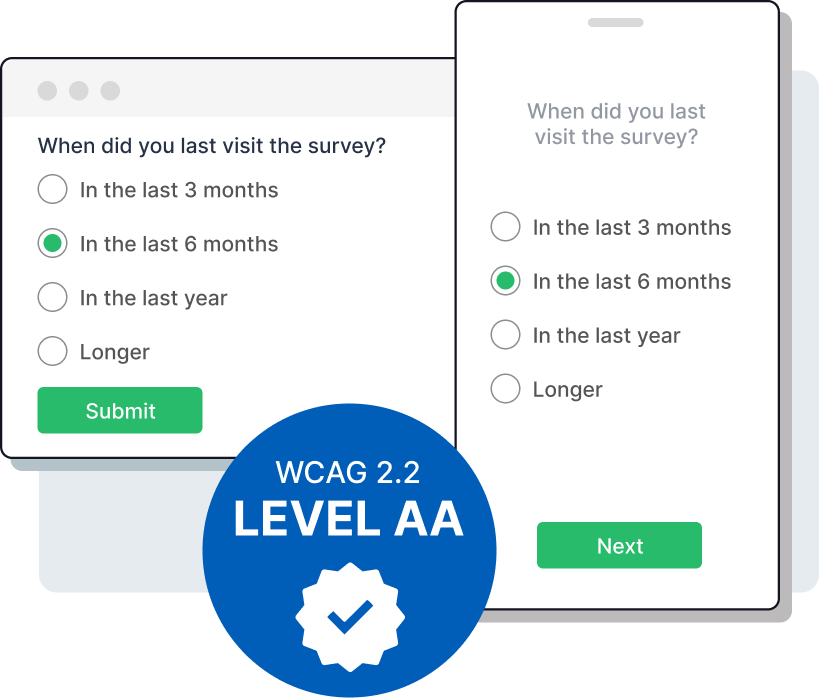 A graphic showing accessible surveys and WCAG 2.2 AA rating.