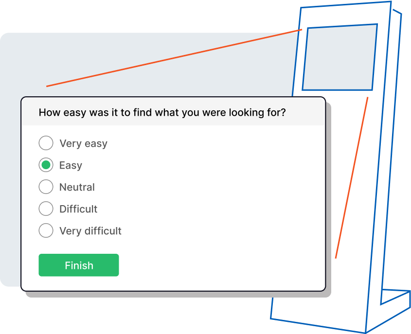 A graphic showing a survey being completed on a kiosk device.