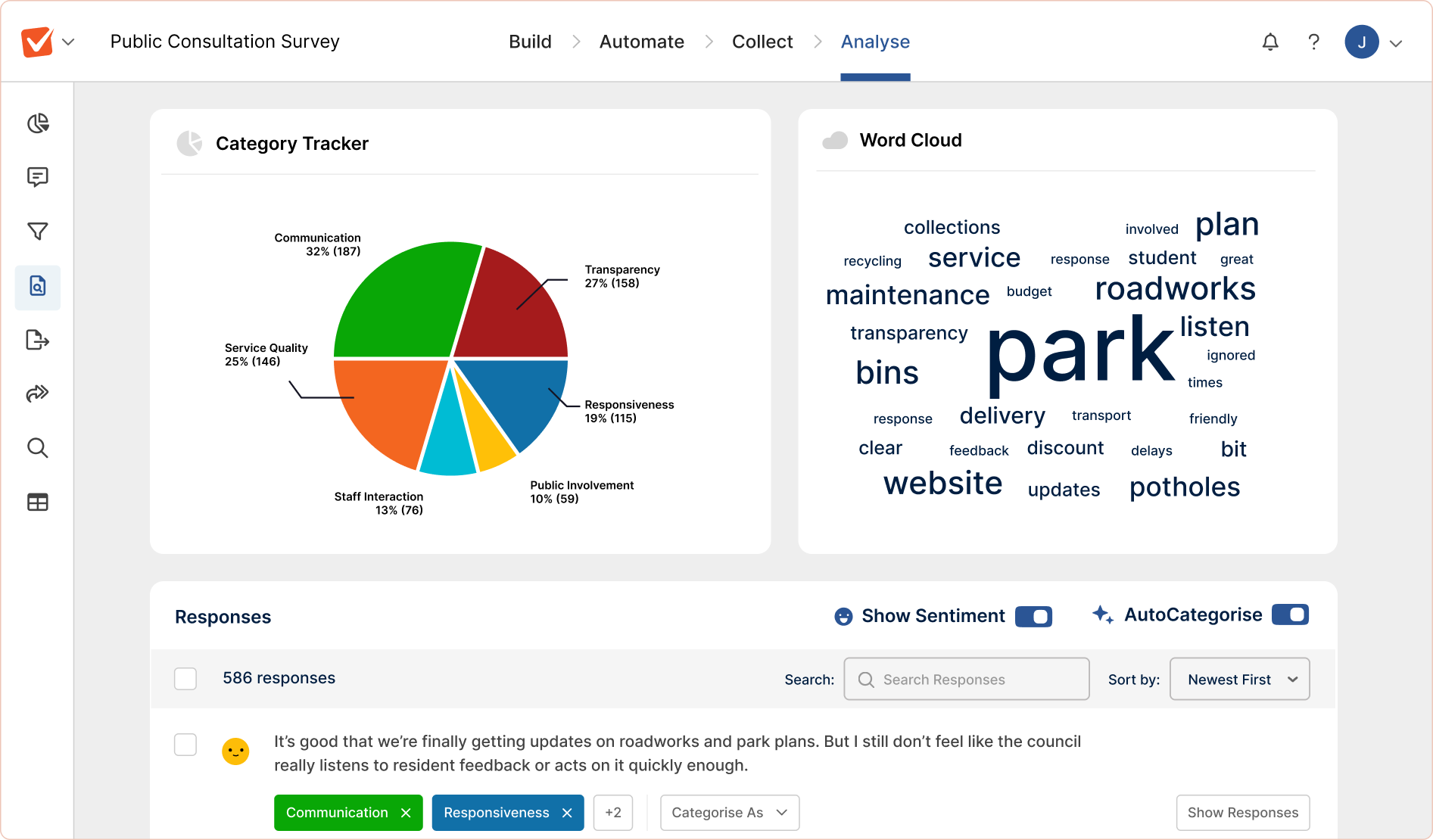 A screenshot of text analysis tools in SmartSurvey, including word cloud and auto categorisation.