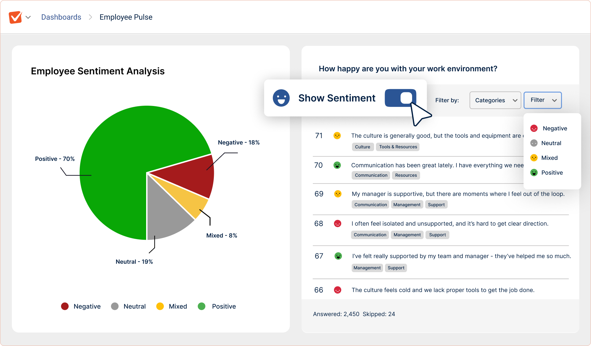 A screenshot of automatic respondent sentiment analysis in SmartSurvey.
