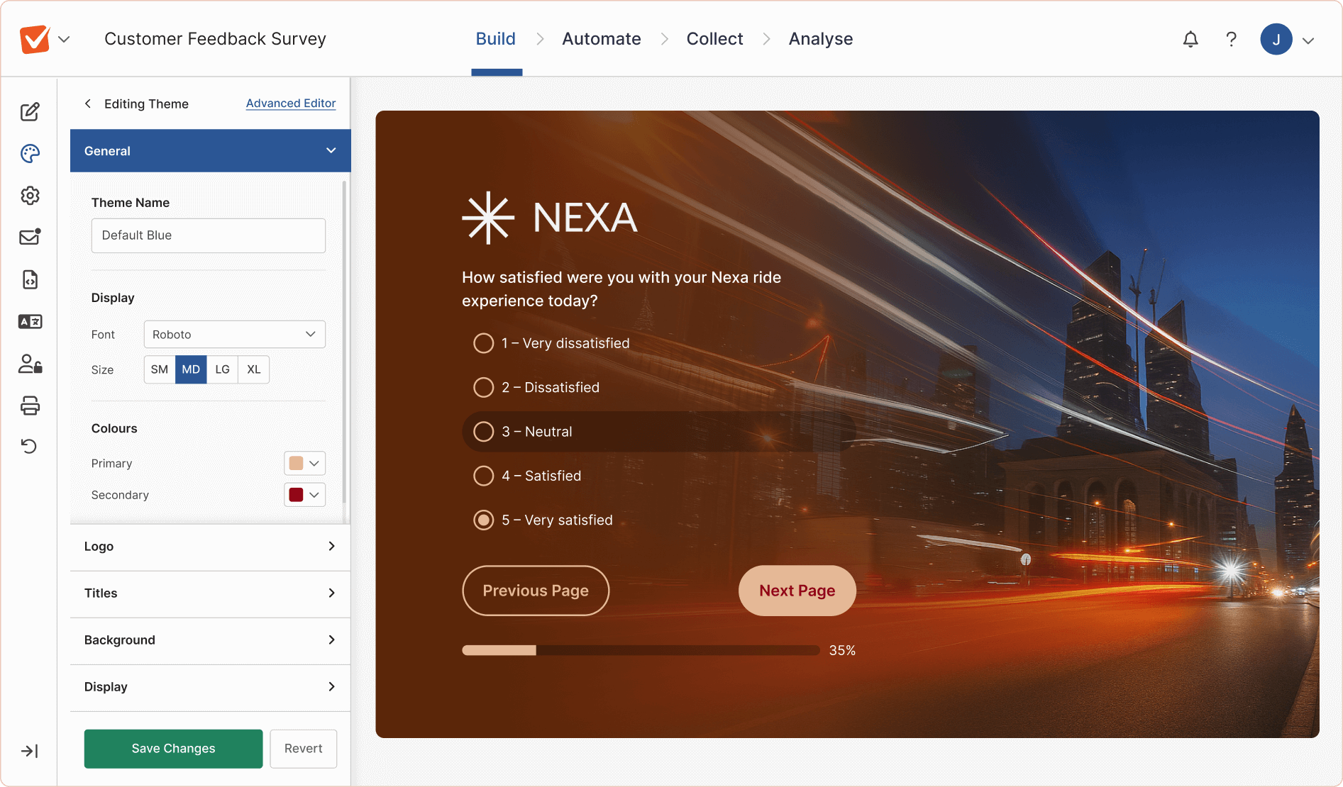A screenshot showing the SmartSurvey theme editor and an example branded theme.