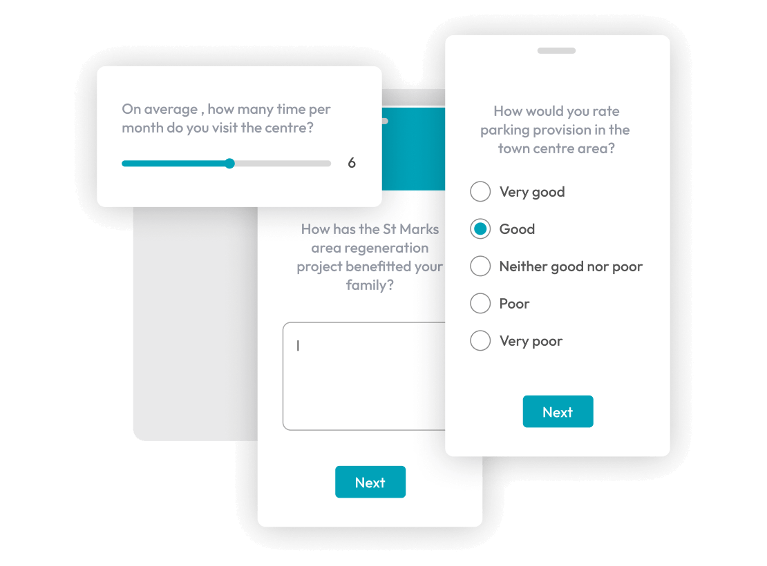 Graphic showing multiple choice, sliders and free text survey question types.