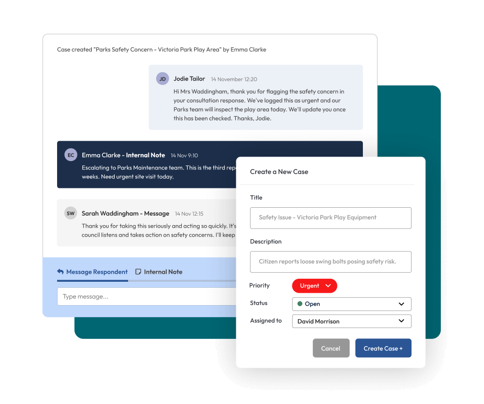 Screenshots showing how cases are created from survey responses.