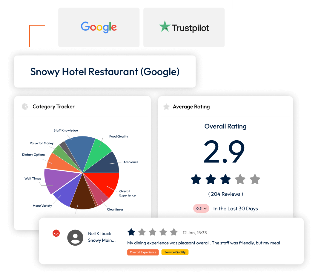 Screenshots showing customer reviews and automated analysis.
